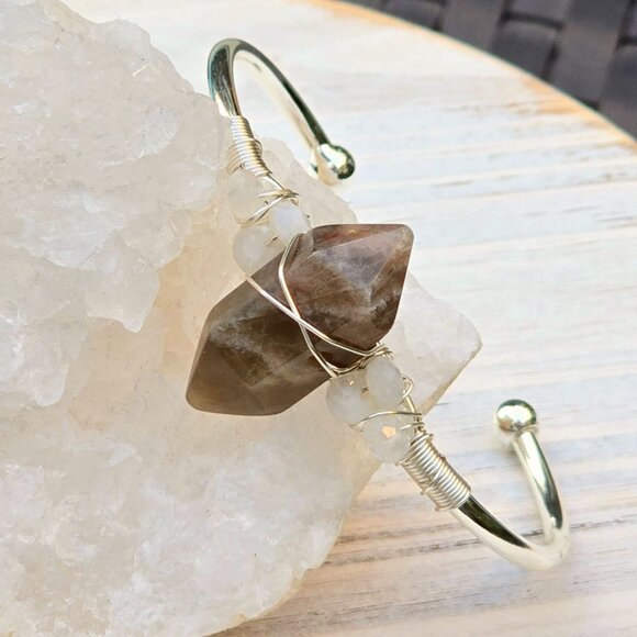 Sunstone & Moonstone Wire Wrap Cuff – 925 Over Copper – Joy & Intuition Talisman - Picture 8 of 12
